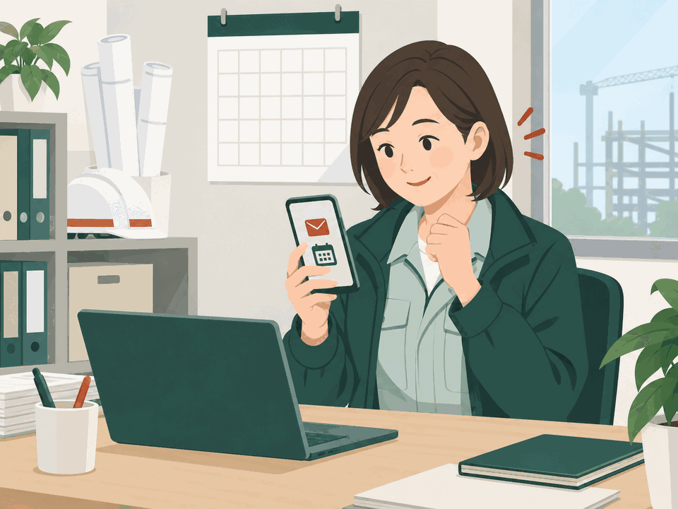 事務所のデスクで、スマートフォンに届いた更新期限のお知らせを確認する総務担当者のイラスト